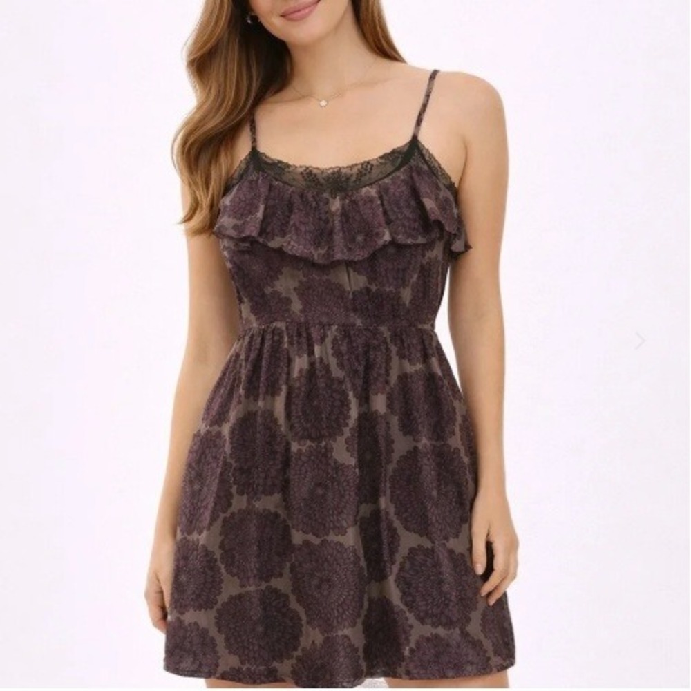 Anthropologie Lil Purple Floral 100% Silk Dress Lace Trim Size 0